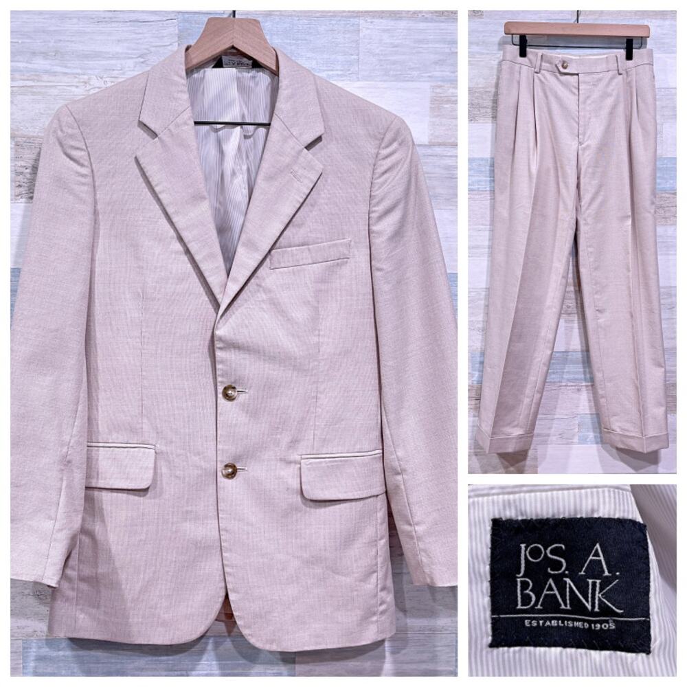 Jos A Bank Cotton Wool Blend Summer Suit Beige Mens 38S 32W Pleated Pants